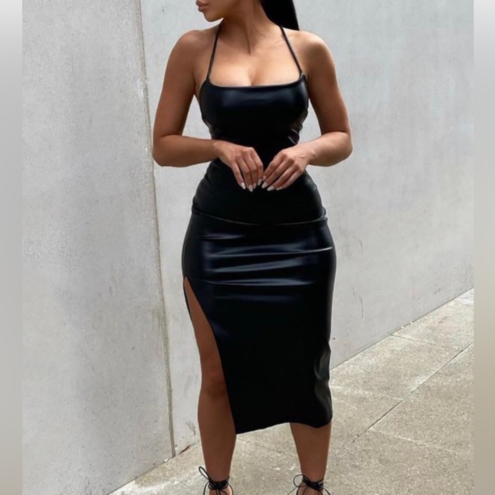 Sexy Faux Leather Dress Split with Open Strap Back Dress